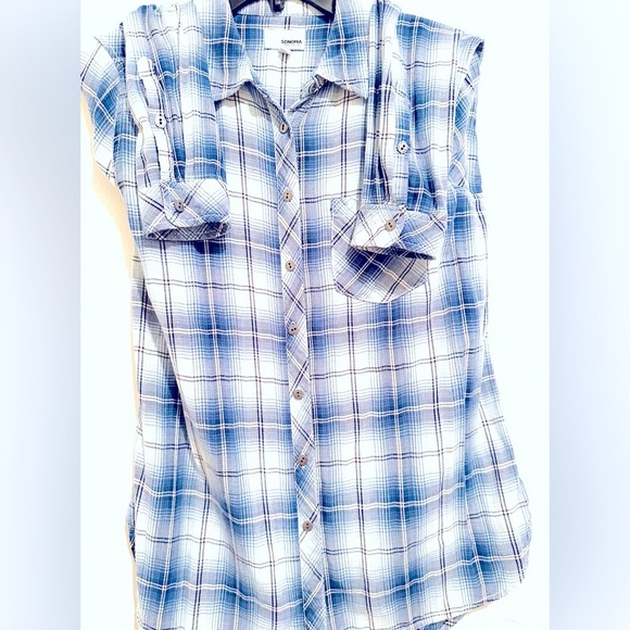Sonoma Shirt/comfy flannel/ Women/Men. Retroish Blue/White Plaid.Metal Buttons - Picture 5 of 6